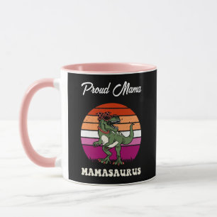Mamasaurus Funny Dinosaur on Lesbian Flag Sunset Mug