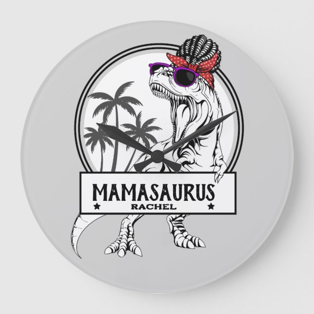 Mamasaurus Mom T rex Dino Funny Custom Name Large Clock (Front)
