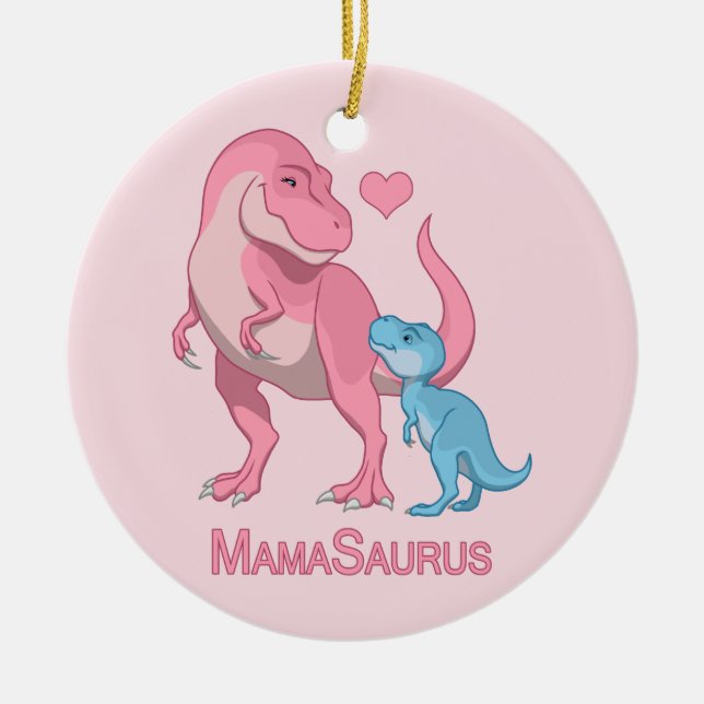 MamaSaurus T-Rex and Baby Boy Dinosaurs Ceramic Ornament (Front)