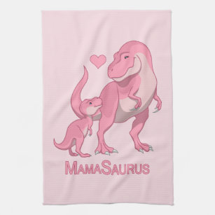 MamaSaurus T-Rex and Baby Girl Dinosaurs Kitchen Towel