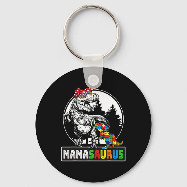 Mamasaurus T Rex Dinosaur Mama Saurus Autism Aware Keychain (Front)