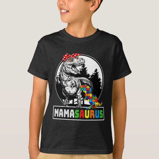 Mamasaurus T Rex Dinosaur Mama Saurus Autism Aware T-Shirt (Front)