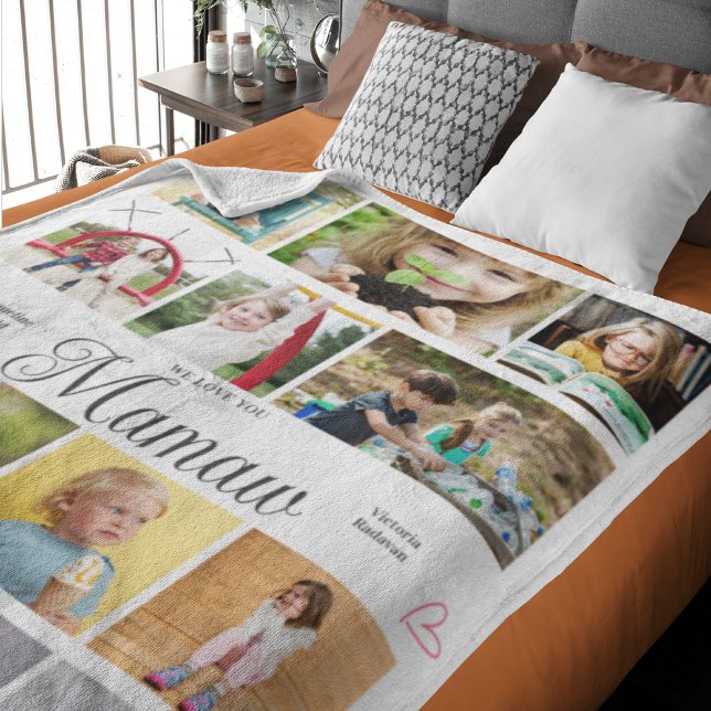 Mamaw We Love You Personalized Hearts Fleece Blanket (Mamaw large custom fleece blanket add photos and text.)