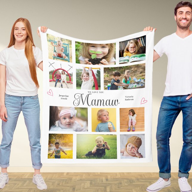 Mamaw We Love You Personalized Hearts Modern Fleece Blanket (Mamaw custom fleece blanket with 12 of your own photos and personalized text.)