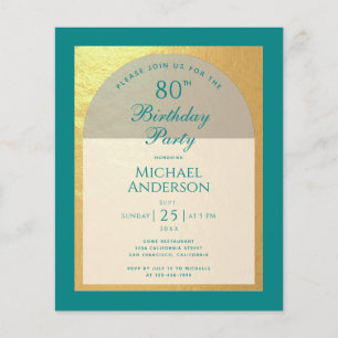 Man 80th Birthday Faux Gold Teal Budget Invitation