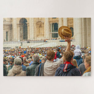 Man among crowd greets with the hat in Rome, Italy Jigsaw Puzzle