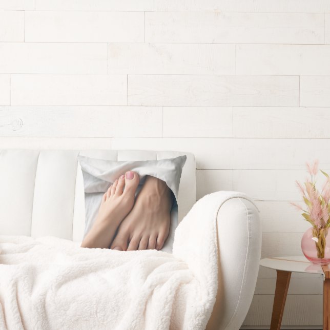 Man and a Woman's Foot On a White Bedsheet  Throw Pillow (Couch)