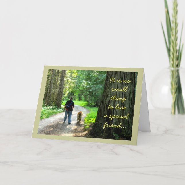 Man and Dog Walking in Forest, Pet Loss Sympathy Card (Front)