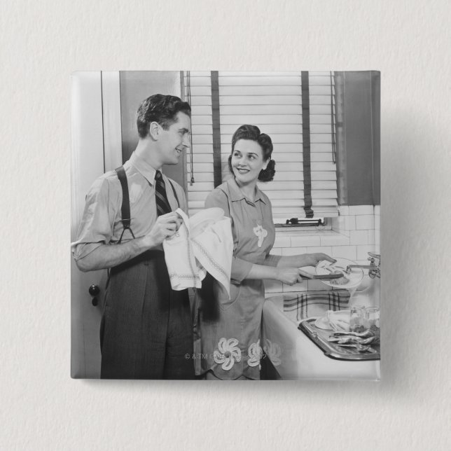 Man and Woman Doing Dishes 2 Inch Square Button (Front)