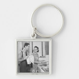 Man and Woman Doing Dishes Keychain