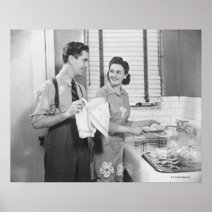 Man and Woman Doing Dishes Poster