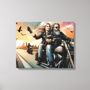 Man and Woman Riding Motorcycle on Highway Canvas