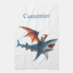 Man-Bat Riding Scary Shark Thunder_Cove Kitchen Towel