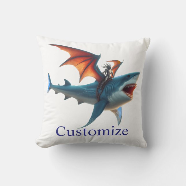 Man-Bat Riding Scary Shark Thunder_Cove Throw Pillow (Front)
