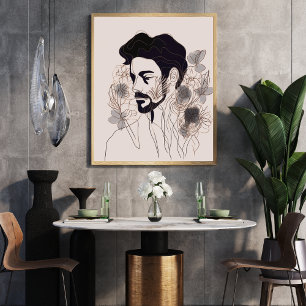 Man Black Line Art with Flower Boho style Poster