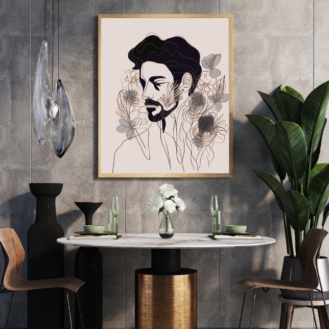 Man Black Line Art with Flower Boho style Poster (Creator Uploaded)