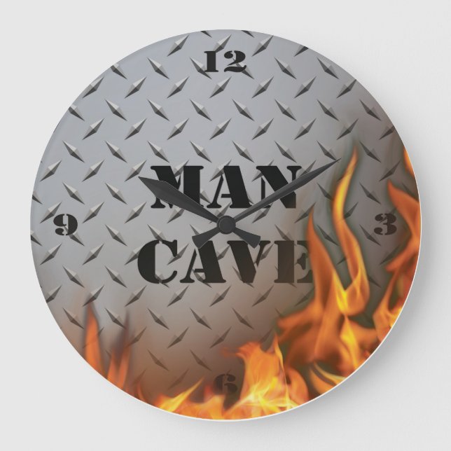 Man Cave Diamondplate Metal and Fire  Wall Clock (Front)