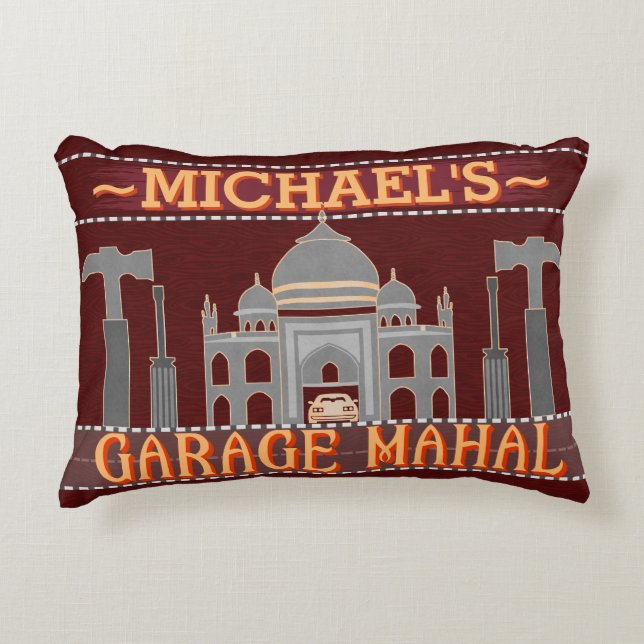 Man Cave Garage Mahal Funny | Personalized | Red Decorative Pillow (Front)