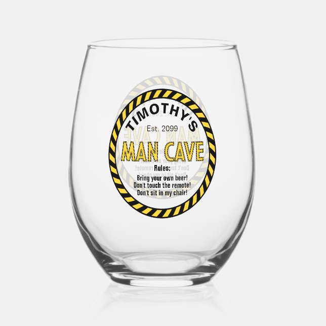 Man Cave LED Sign Caution Tape Cocktail Stemless Wine Glass (Front)