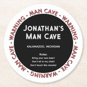 Man Cave Round Coaster Funny Warnings & Rules