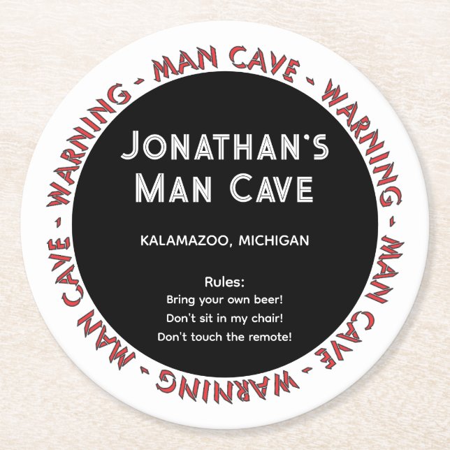 Man Cave Round Coaster Funny Warnings & Rules (Front)