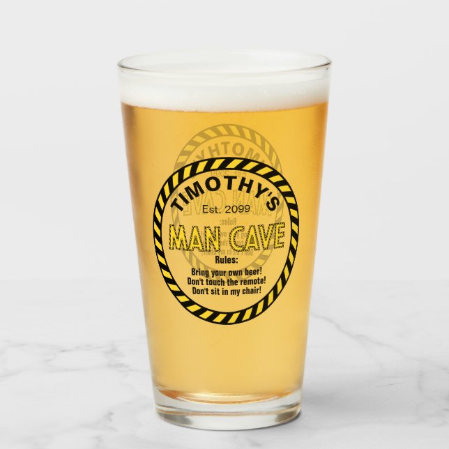 Man Cave Sign Caution Tape Pint Beer Glass  (Front Filled)