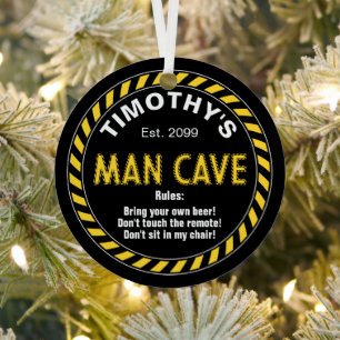  Man Cave Sign with Caution Tape Effect & Rules  Metal Ornament