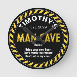  Man Cave Sign with Caution Tape Effect & Rules  Round Clock