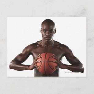 Man clutching basketball postcard