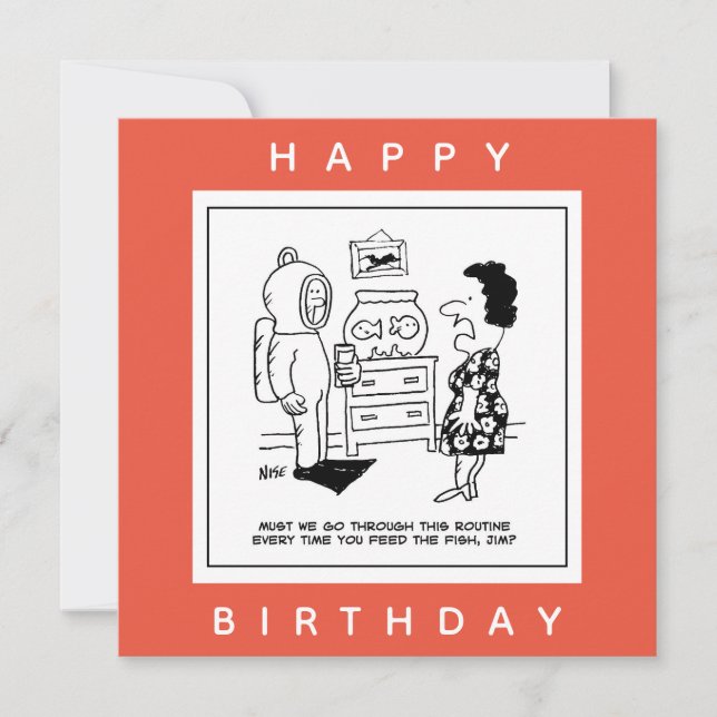 Man Dons Scuba Diving Outfit to Feed Fish Cartoon. Card (Front)