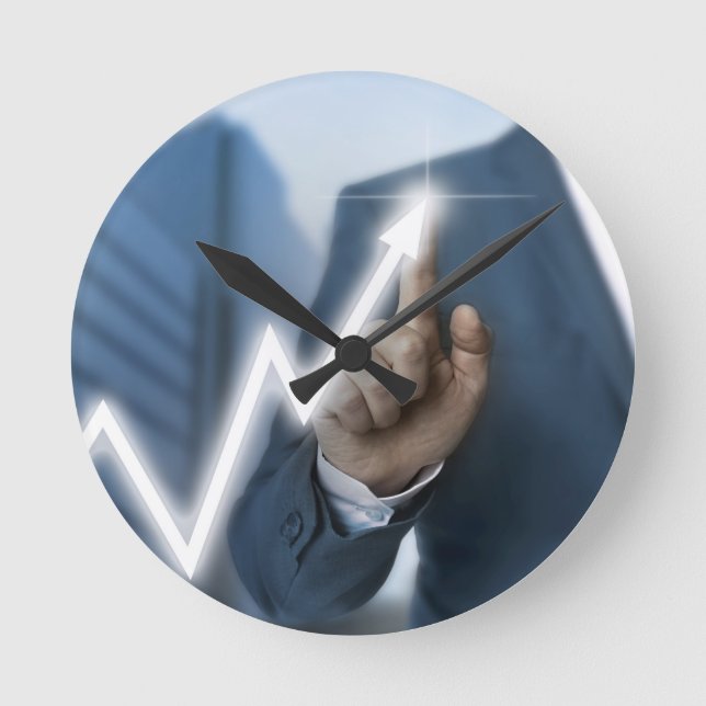 Man draws stock price touchscreen concept round clock (Front)