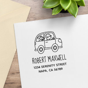 Man Driving a Car with a Dog Address Rubber Stamp