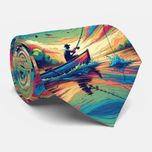 Man Fishing In A wooden Boat Colourful Tie
