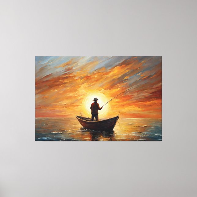 Man fishing inside the boat with a sunset canvas print (Front)