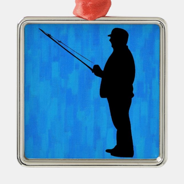 Man fishing with abstract blue background metal ornament (Front)