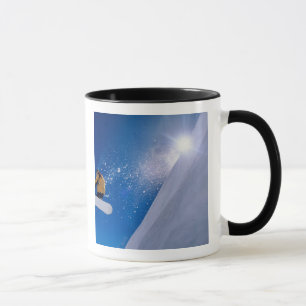 Man flying through the air on a snowboard with mug