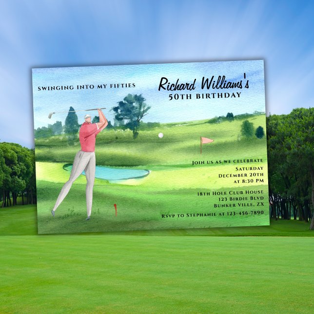 Man Golf Player Swinging Fifties 50th Birthday Invitation (Creator Uploaded)