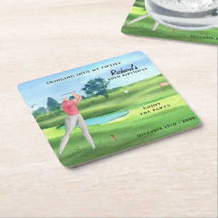 Man Golf Player Swinging Fifties 50th Birthday Square Paper Coaster
