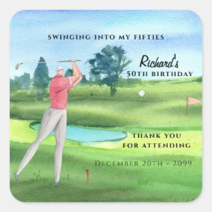 Man Golf Player Swinging Fifties 50th Birthday Square Sticker