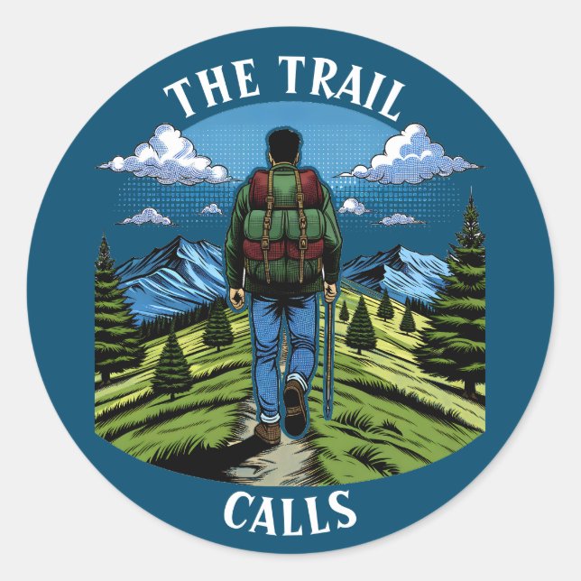 Man Hiking a Trail like the A.T. Classic Round Sticker (Front)