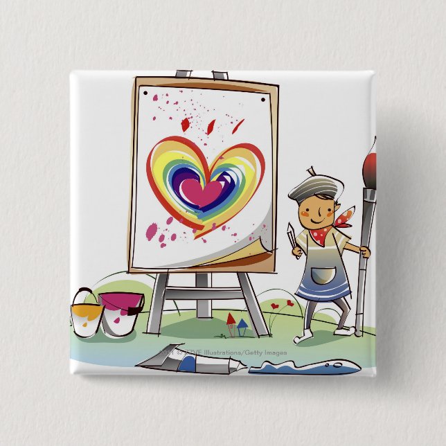 Man holding a paintbrush and standing by an easel 2 inch square button (Front)