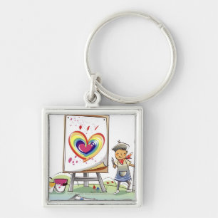 Man holding a paintbrush and standing by an easel keychain