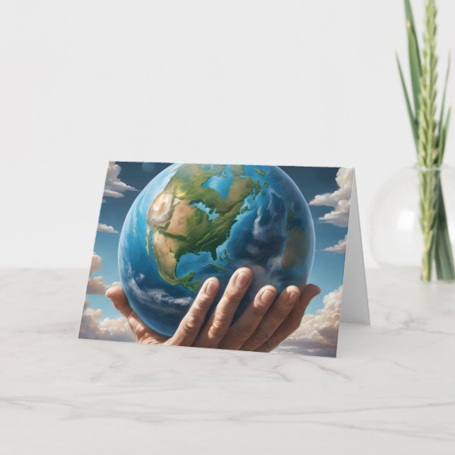 Man Holding Planet Earth For Earth Day Card (Front)