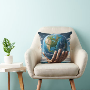 Man Holding Planet Earth Throw Pillow