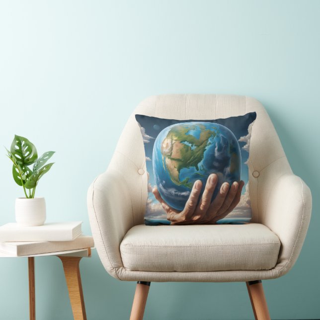 Man Holding Planet Earth Throw Pillow (Chair)