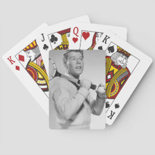 Man Holding Tennis Racket Playing Cards