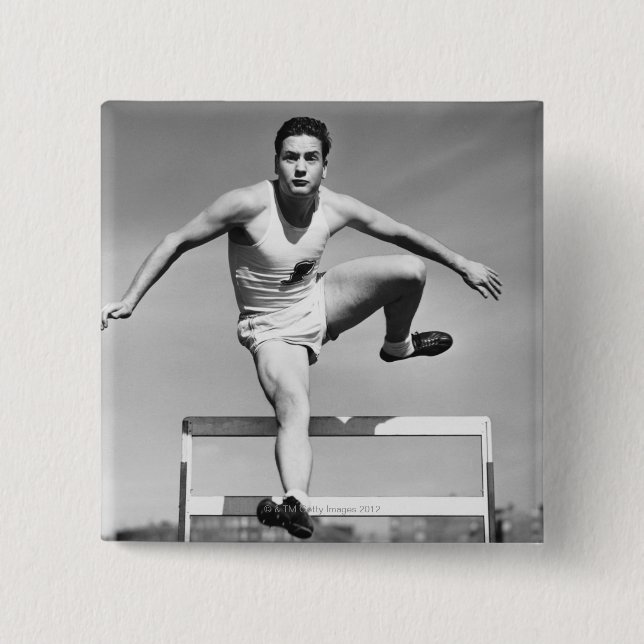 Man Hurdling 2 Inch Square Button (Front)