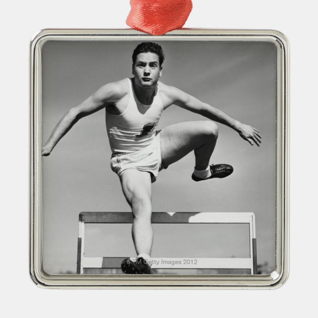 Man Hurdling Metal Ornament (Front)