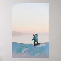 Man in blue skateboarding on wall in beach
