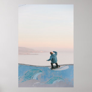 Man in blue skateboarding wall in beach poster